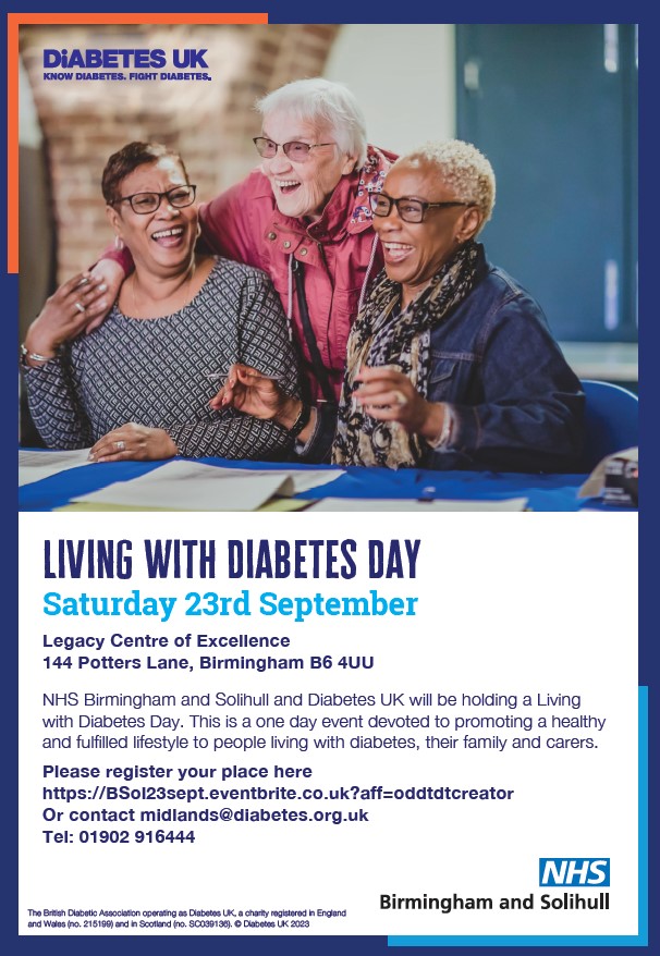 Living with Diabetes Day 23rd September 2023. Call 01902 916444 for more information.